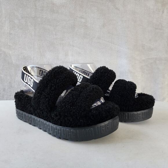 Ugg Slippers Womens Size 9 Black Fluff Yeah Logo Slide Fuzzy Flatform Shearling - Picture 8 of 11